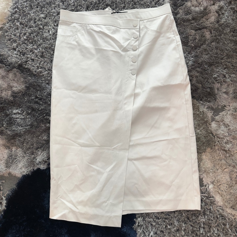 Zara NWT White Asymmetrical Snap Button Midi Skirt XL